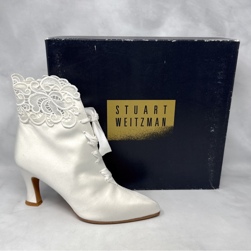 NEW Stuart Weitzman Vintage 80s 90s Silk Satin Floral Lace Ankle Bootie Boots 8 - Picture 2 of 16